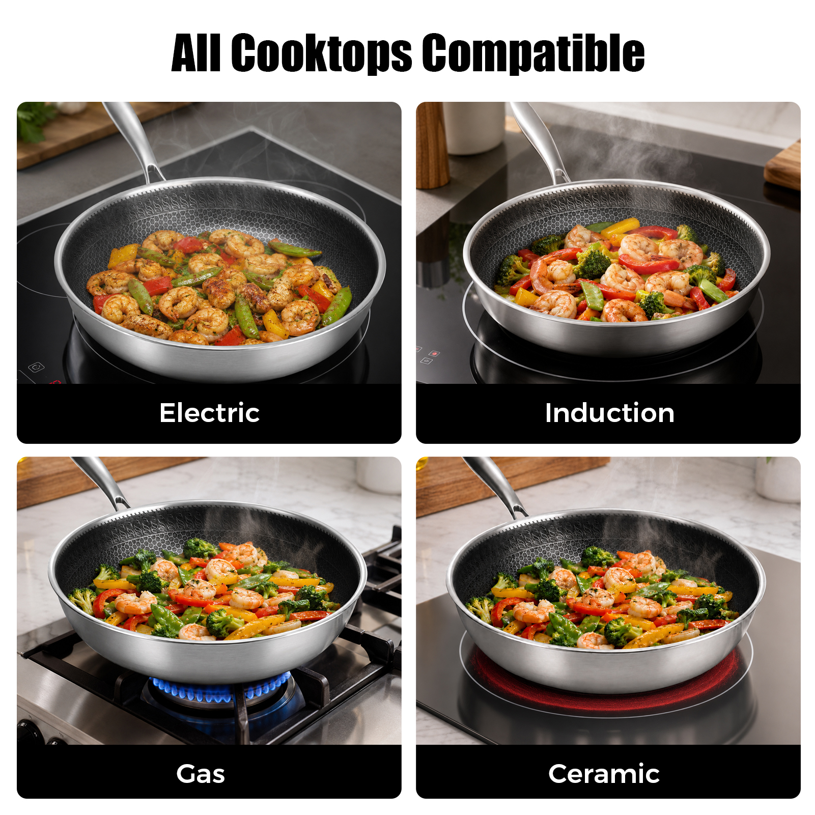 Hybrid frying pan compatible with electric induction gas and ceramic cooktops