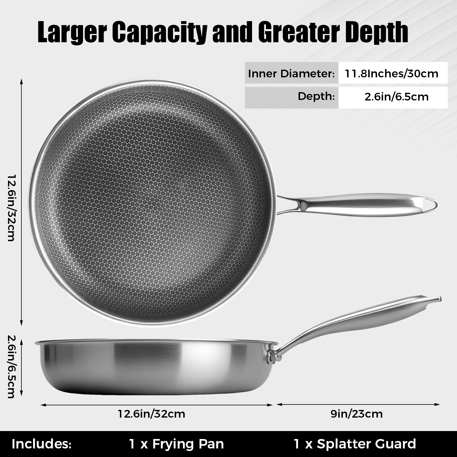 Hybrid frying pan dimensions and splatter screen